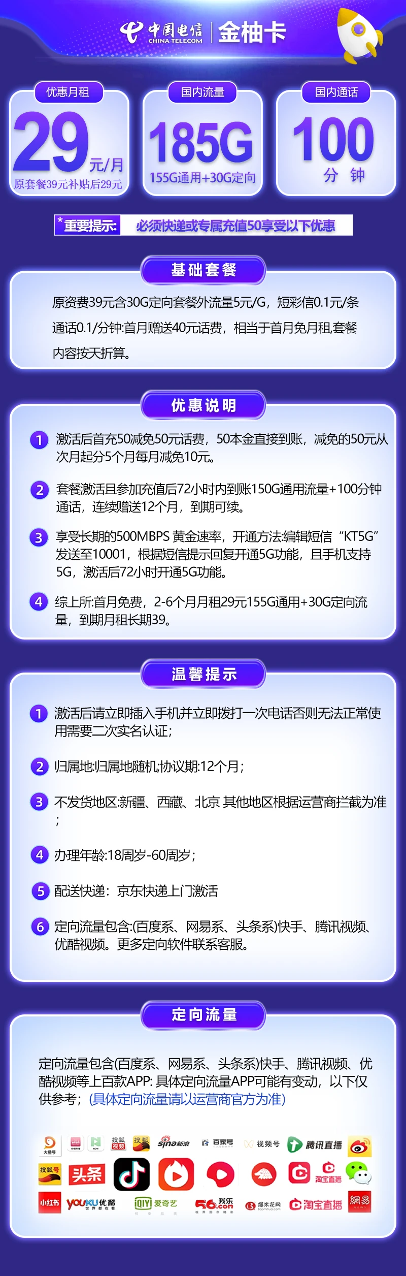 电信金柚卡29元185G流量+100分钟套餐详细以及优惠办理方式