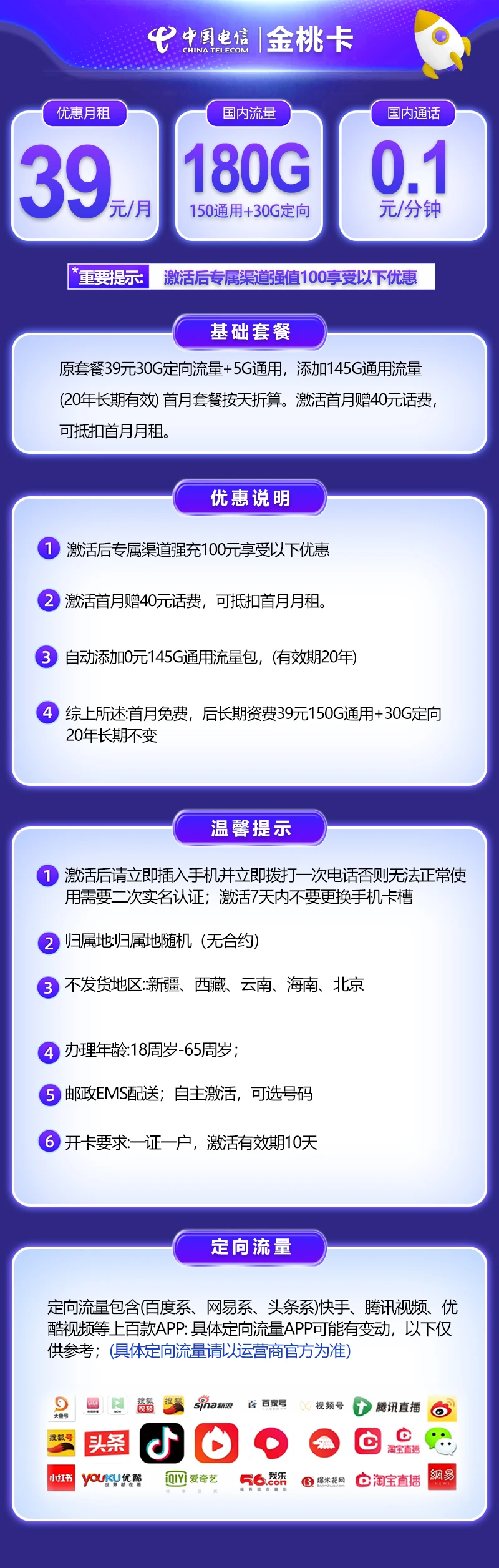 【电信金桃卡】无限速流量卡+180GB全国通用流量,享20年长期套餐月租低至39元！