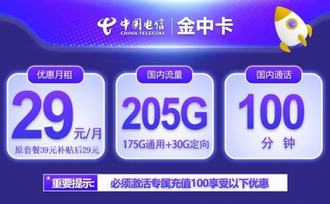 广东电信流量卡29元205G流量（首月免月租+100分钟通话）外省不发货